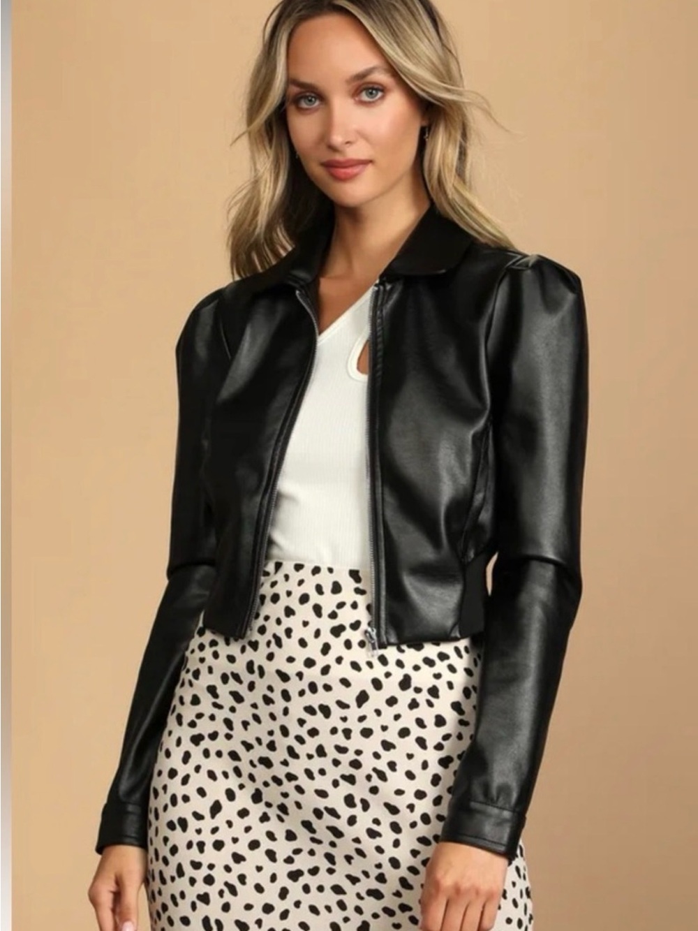 Lulu's Black Faux Leather Cropped Zip Jacket